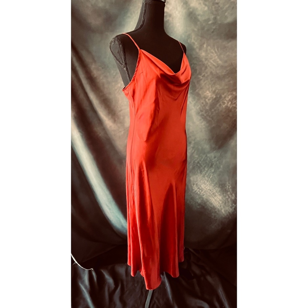 Nicole Miller NY Rust Satin‎ Cowl Neck Slip Dress Midi Evening Party Size Medium - Picture 3 of 9